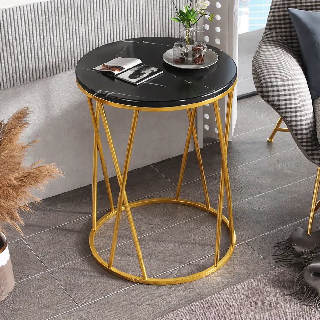 Premium Designer Round Shaped Golden Artistic Side Table with Black Marble