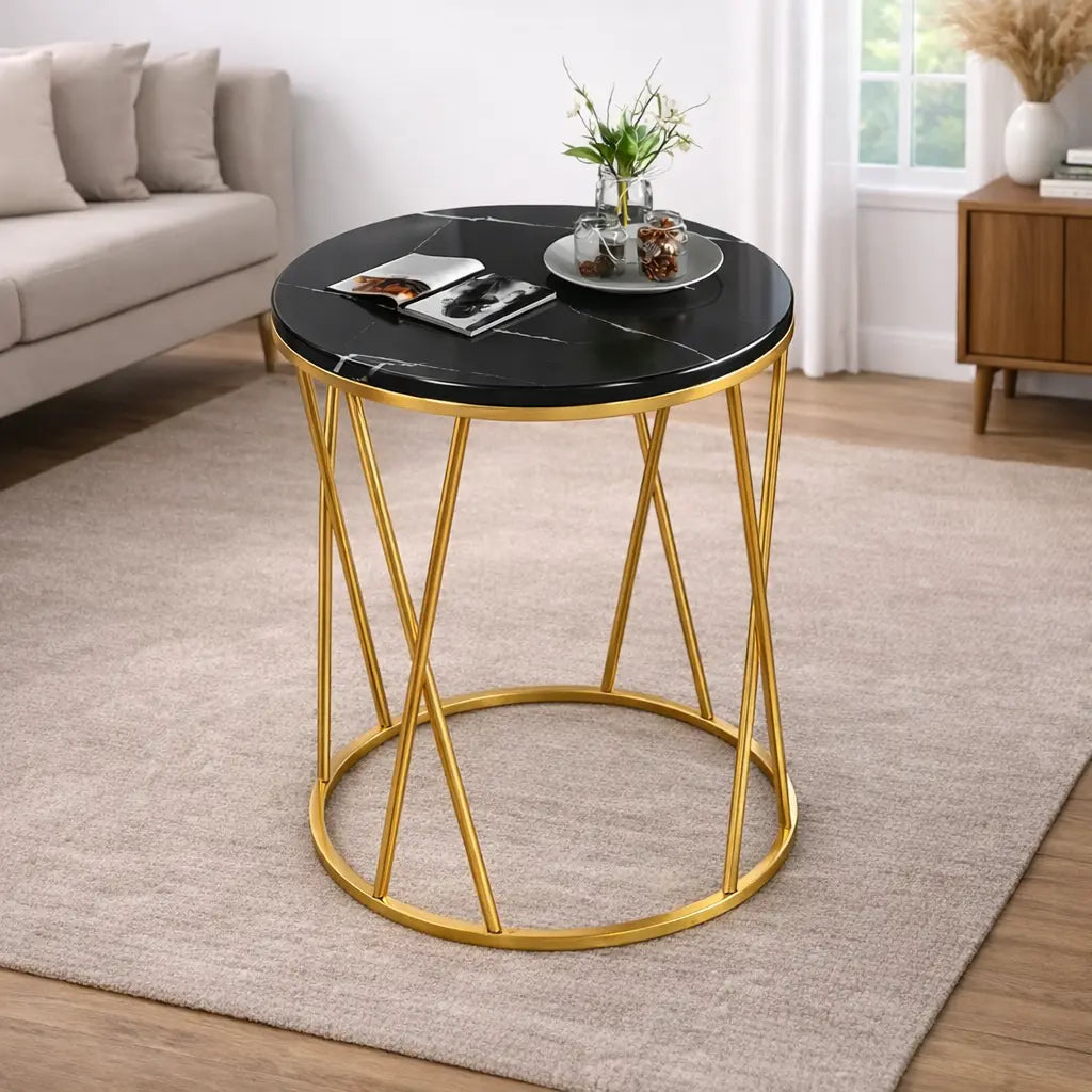 Premium Designer Round Shaped Golden Artistic Side Table with Black Marble