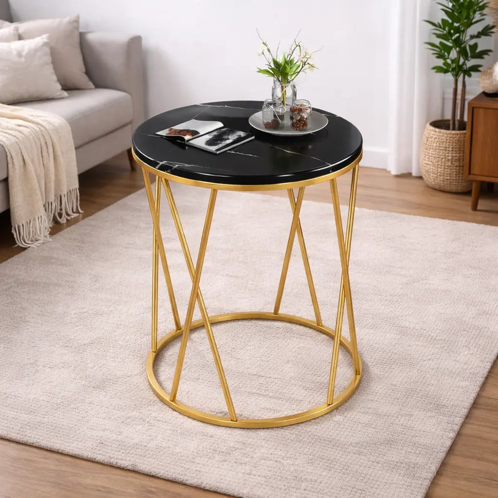 Premium Designer Round Shaped Golden Artistic Side Table with Black Marble