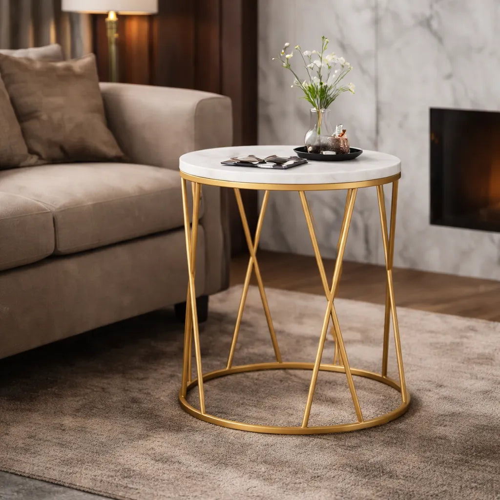 Premium Designer Round Shaped Golden Artistic Side Table with White Marble