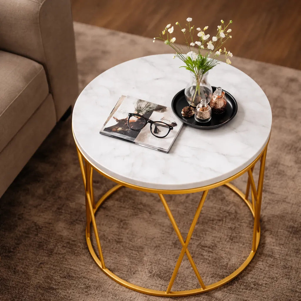 Premium Designer Round Shaped Golden Artistic Side Table with White Marble