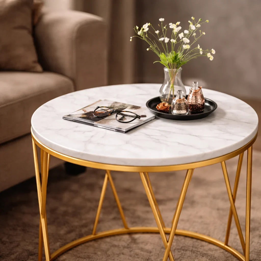 Premium Designer Round Shaped Golden Artistic Side Table with White Marble