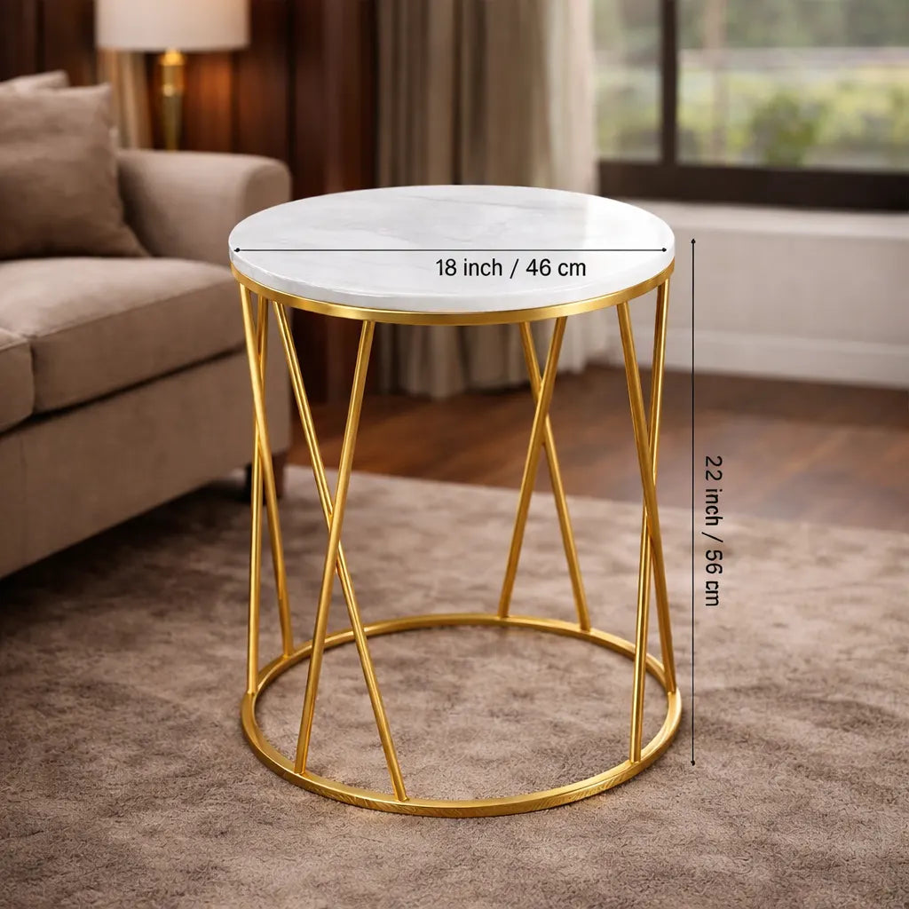 Premium Designer Round Shaped Golden Artistic Side Table with White Marble