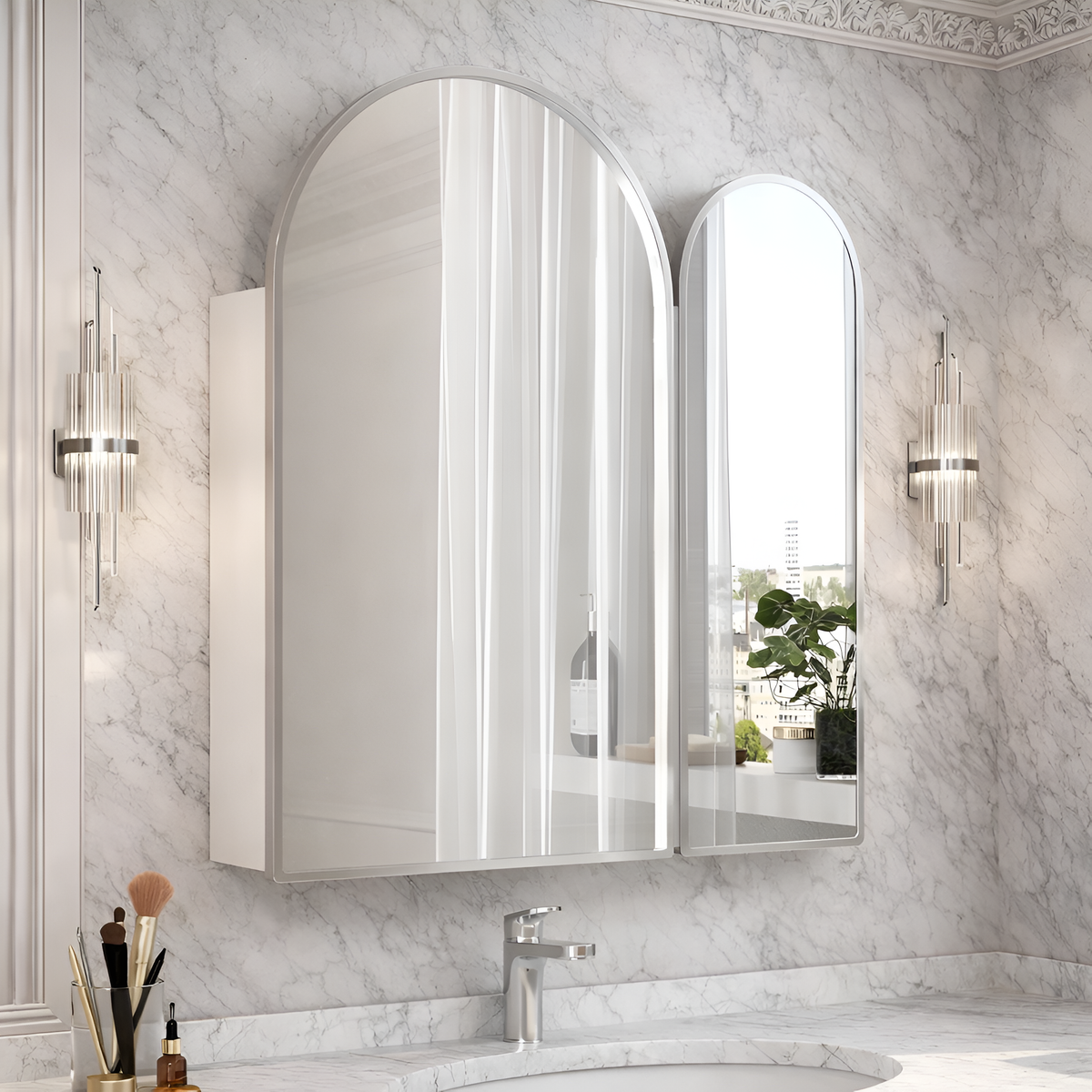 Premium Dual Arched Bathroom Storage Mirror with Grey Finish