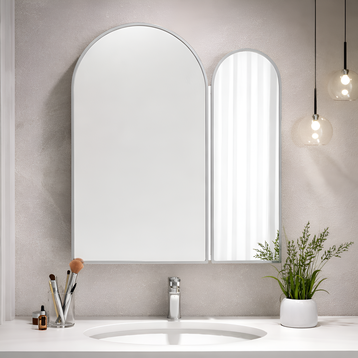 Premium Dual Arched Bathroom Storage Mirror with Grey Finish
