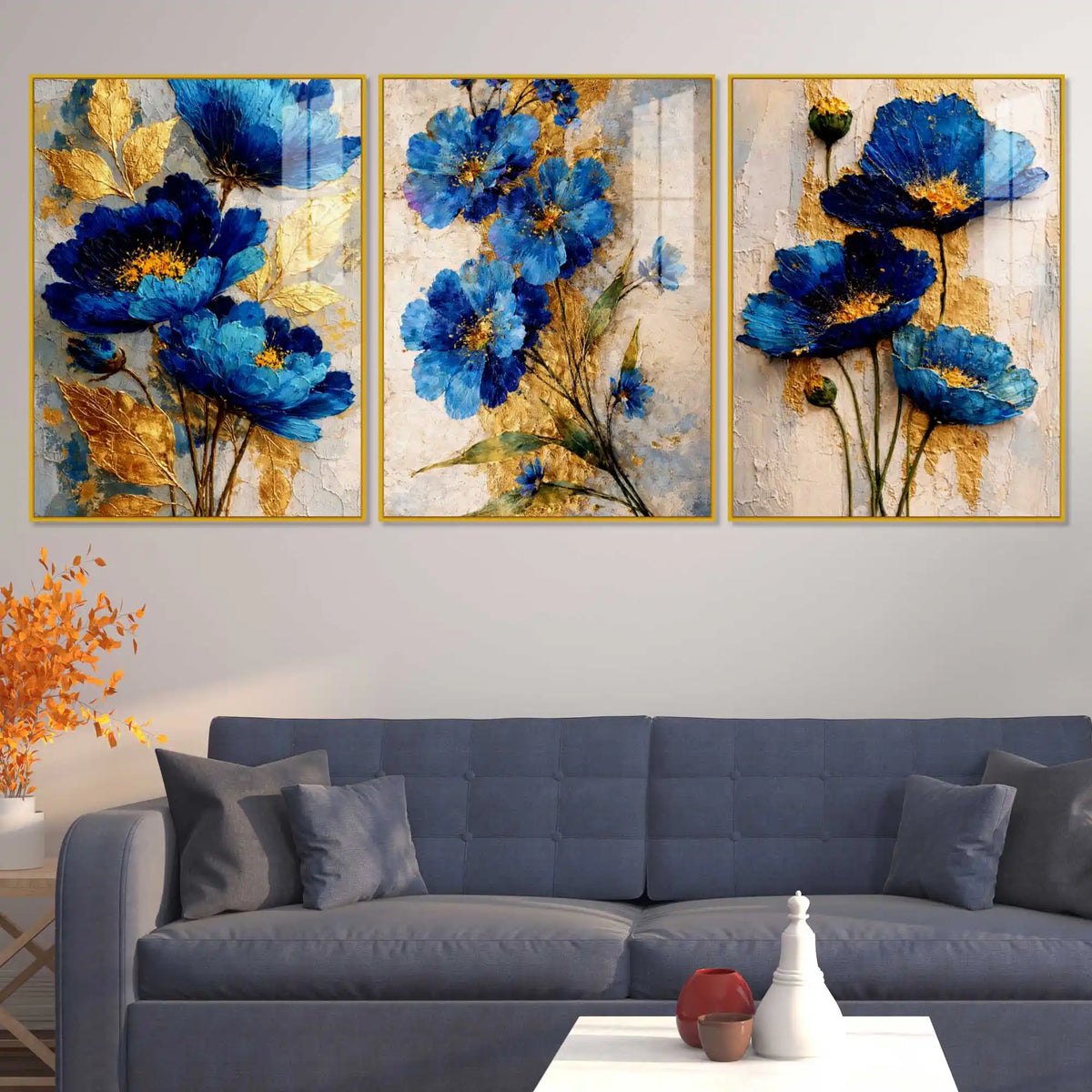 Premium Floral Triptych Artwork Acrylic Floating Frame Wall Painting Set of 3