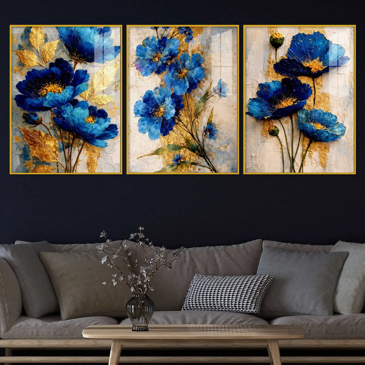 Premium Floral Triptych Artwork Acrylic Floating Frame Wall Painting Set of 3