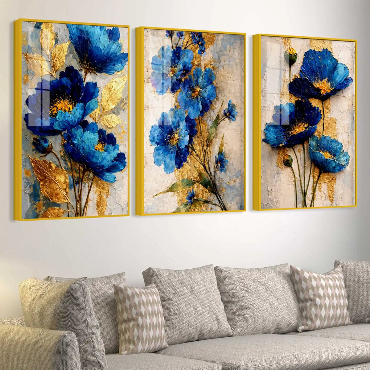 Premium Floral Triptych Artwork Acrylic Floating Frame Wall Painting Set of 3