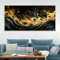 Premium Gold Blue Peacock Feather Abstract Canvas Wall Painting