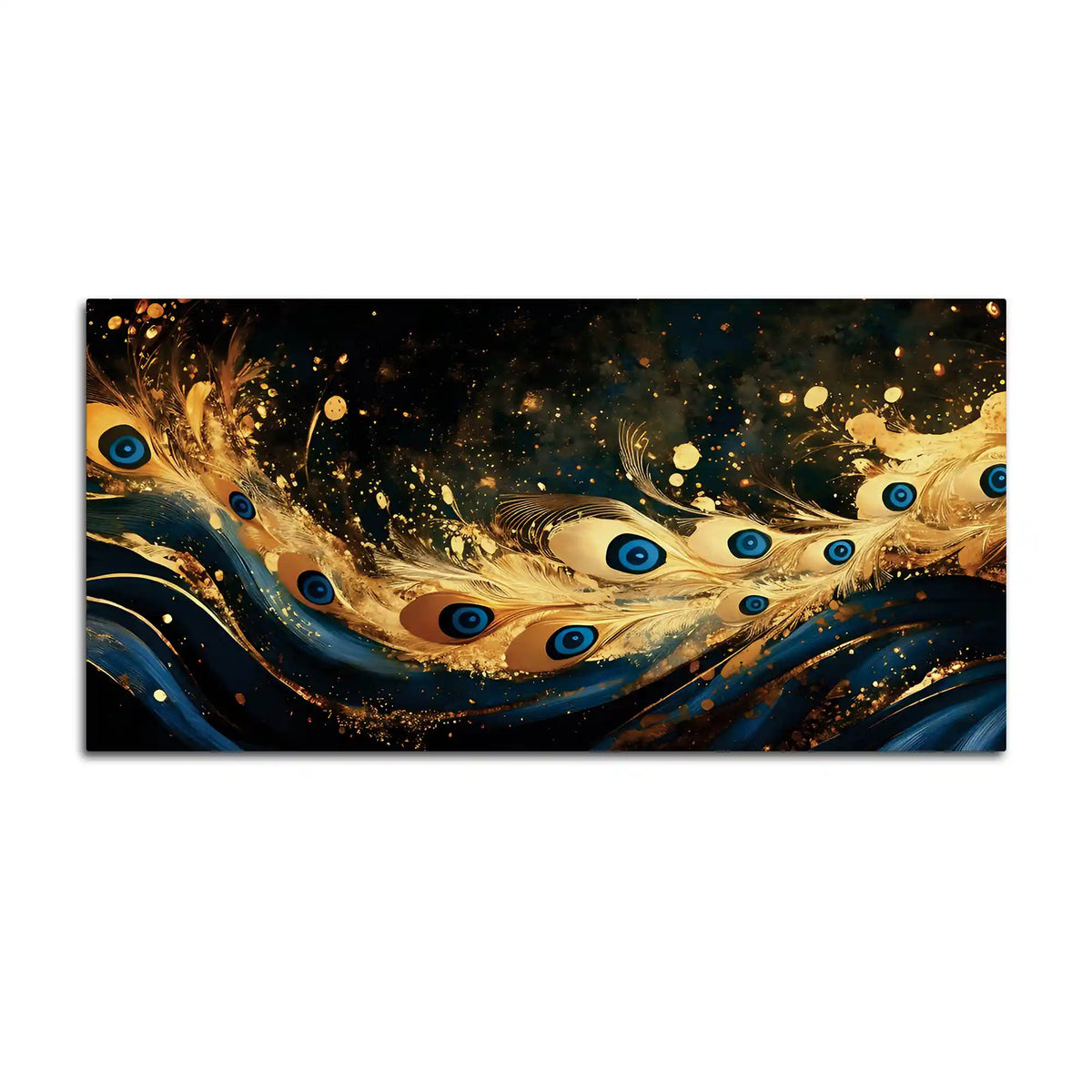 Premium Gold Blue Peacock Feather Abstract Canvas Wall Painting