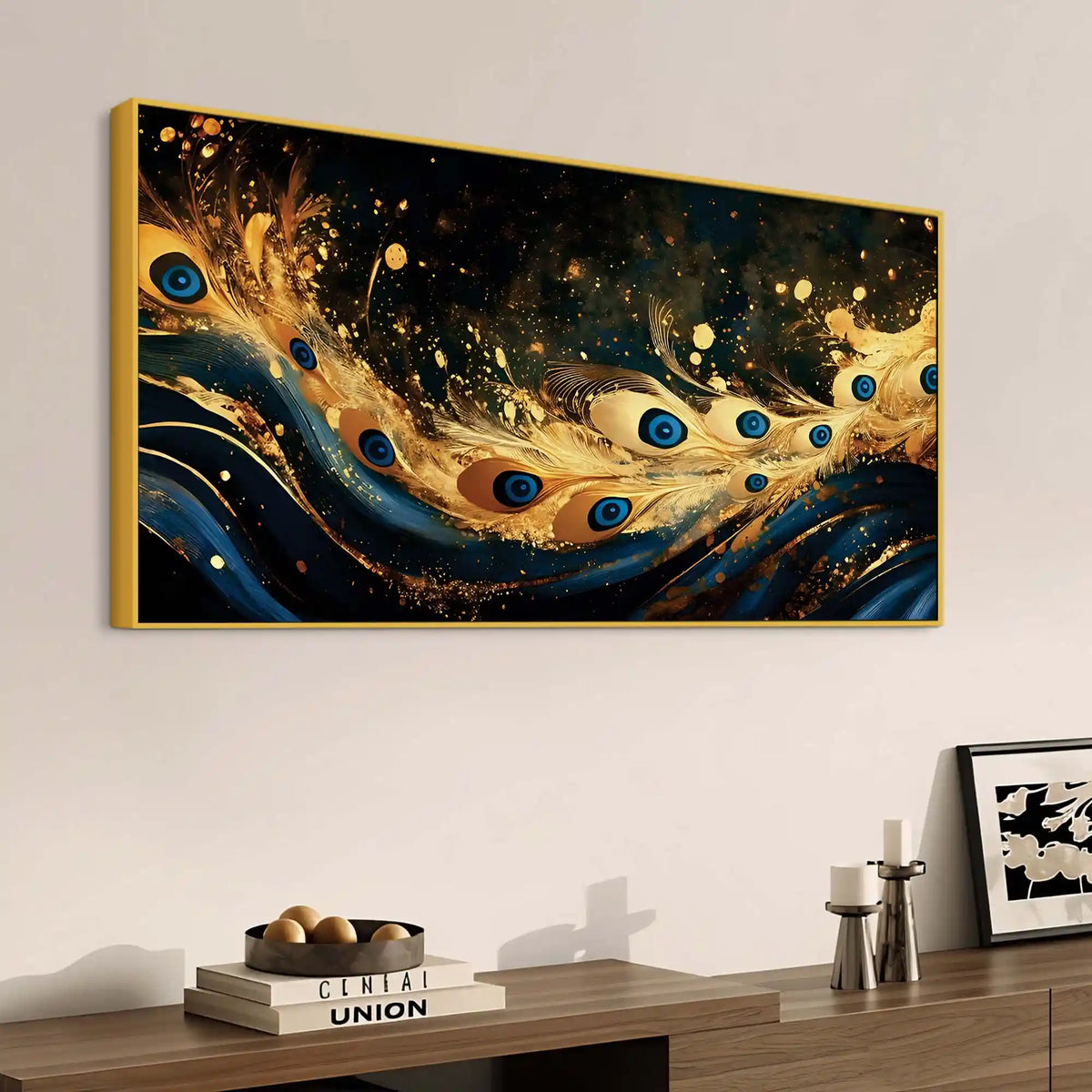 Premium Gold Blue Peacock Feather Abstract Canvas Wall Painting