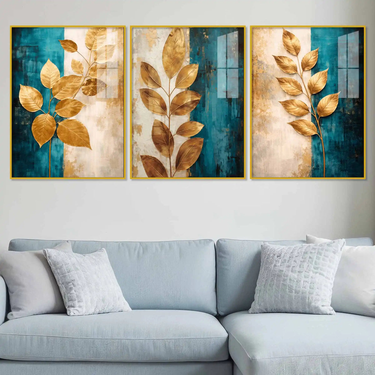 Premium Gold Leaves Wall Art Floating Acrylic Painting Set of 3