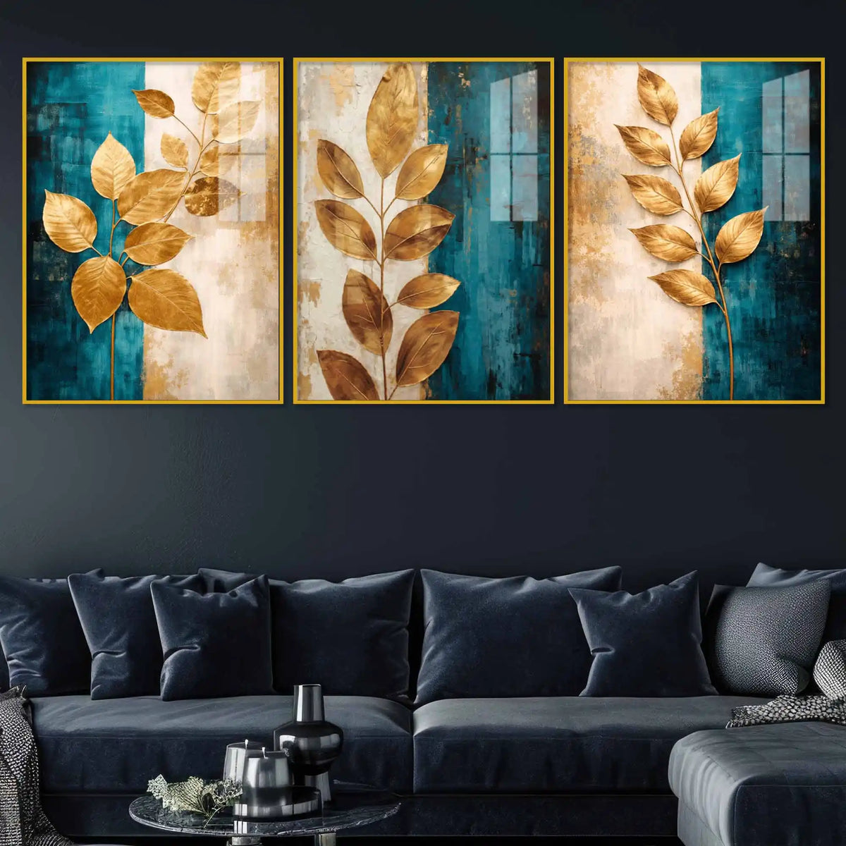 Premium Gold Leaves Wall Art Floating Acrylic Painting Set of 3