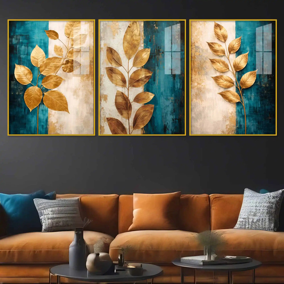 Premium Gold Leaves Wall Art Floating Acrylic Painting Set of 3