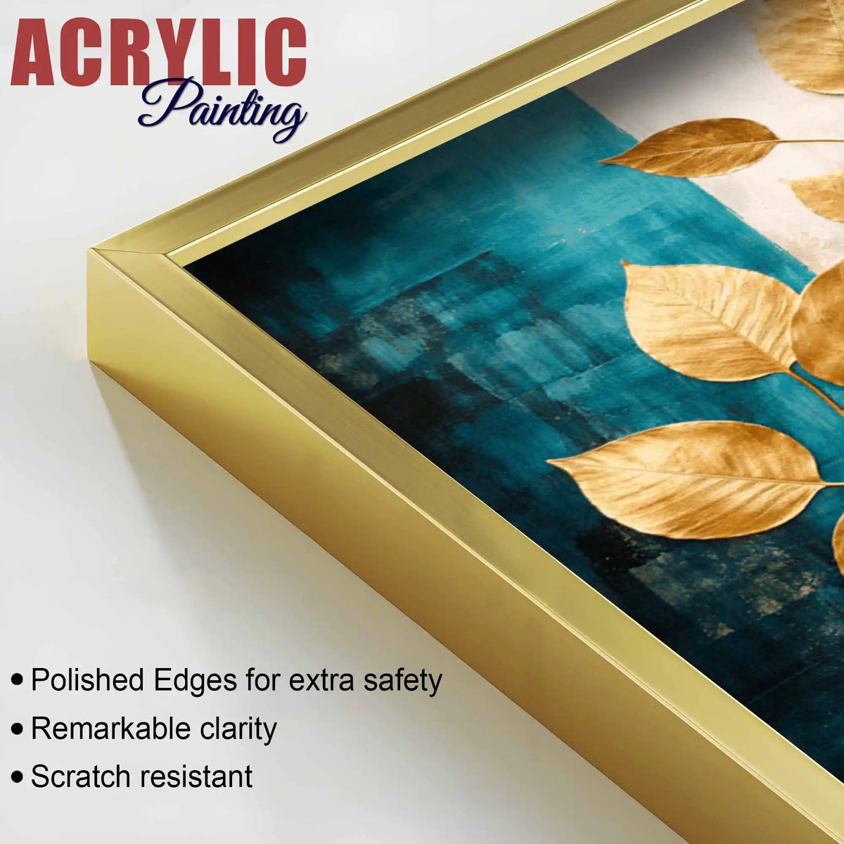 Premium Gold Leaves Wall Art Floating Acrylic Painting Set of 3