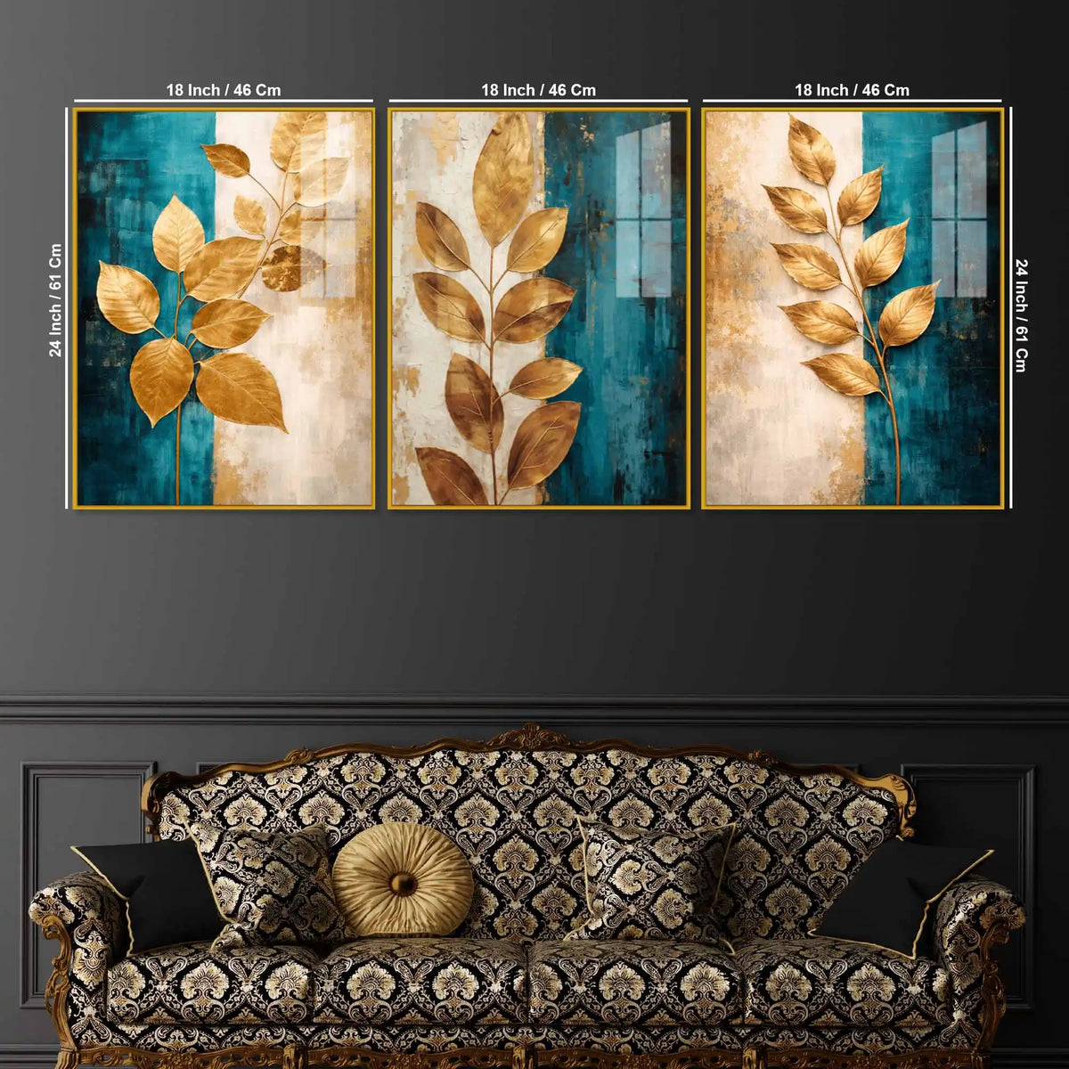 Premium Gold Leaves Wall Art Floating Acrylic Painting Set of 3
