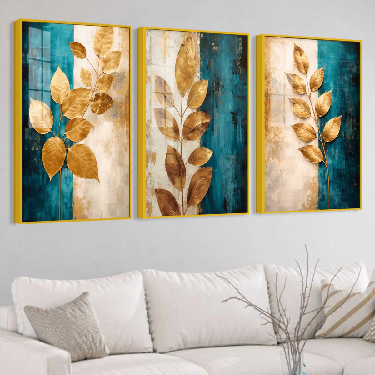 Premium Gold Leaves Wall Art Floating Acrylic Painting Set of 3