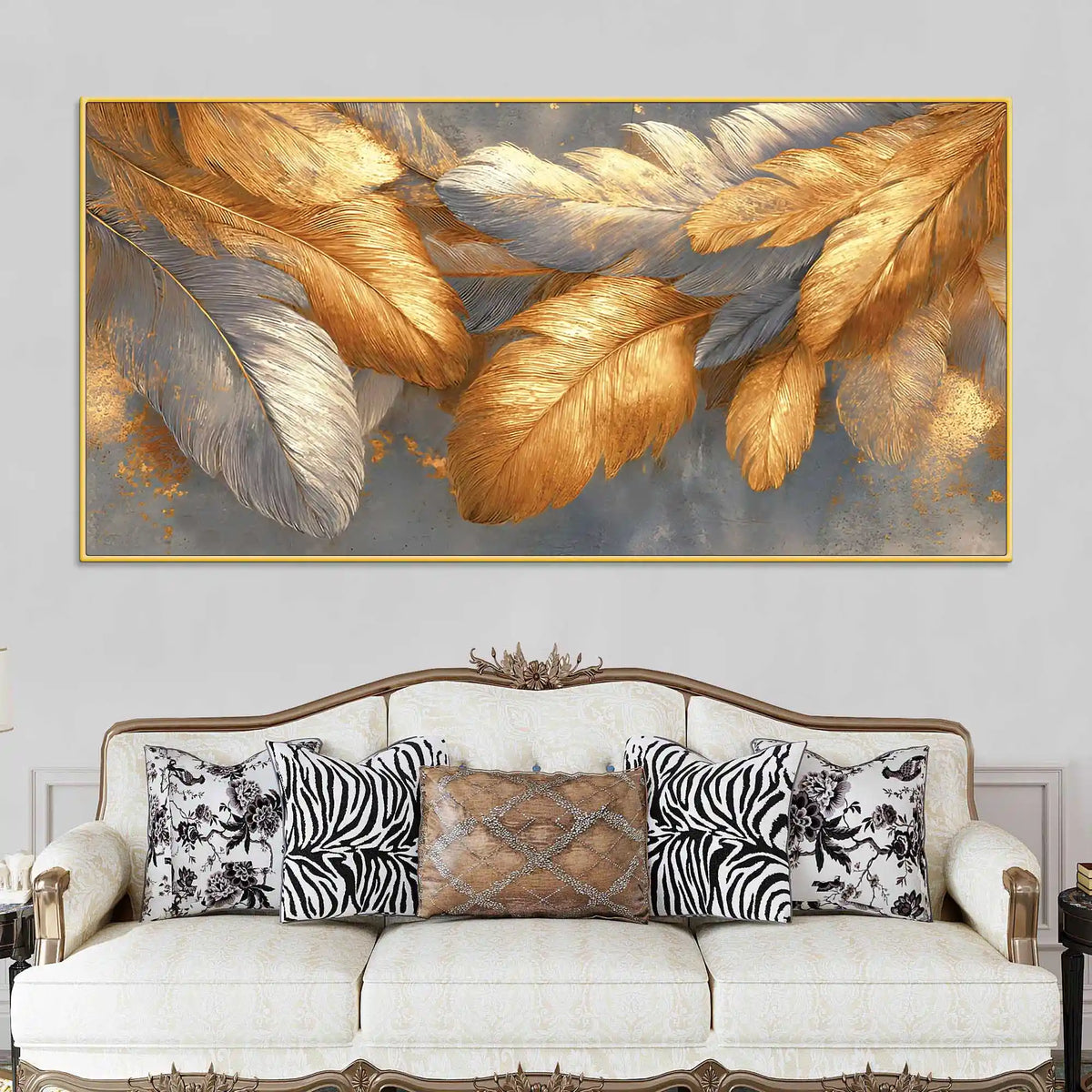 Premium Golden and Silver Feather Abstract Canvas Wall Painting