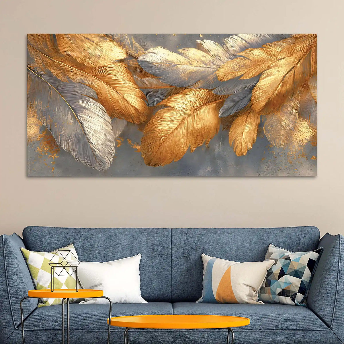Premium Golden and Silver Feather Abstract Canvas Wall Painting