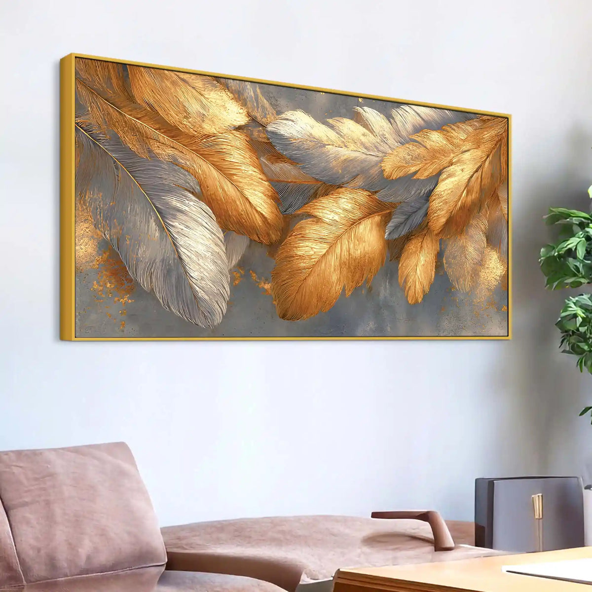 Premium Golden and Silver Feather Abstract Canvas Wall Painting