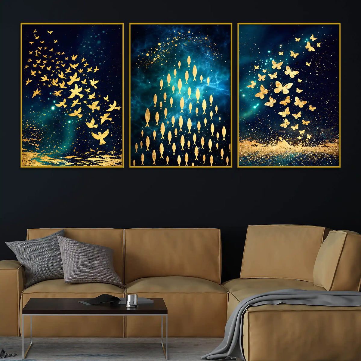 Premium Golden Birds Butterflies and Fish Trio Floating Frame Crystal Wall Painting Set of 3