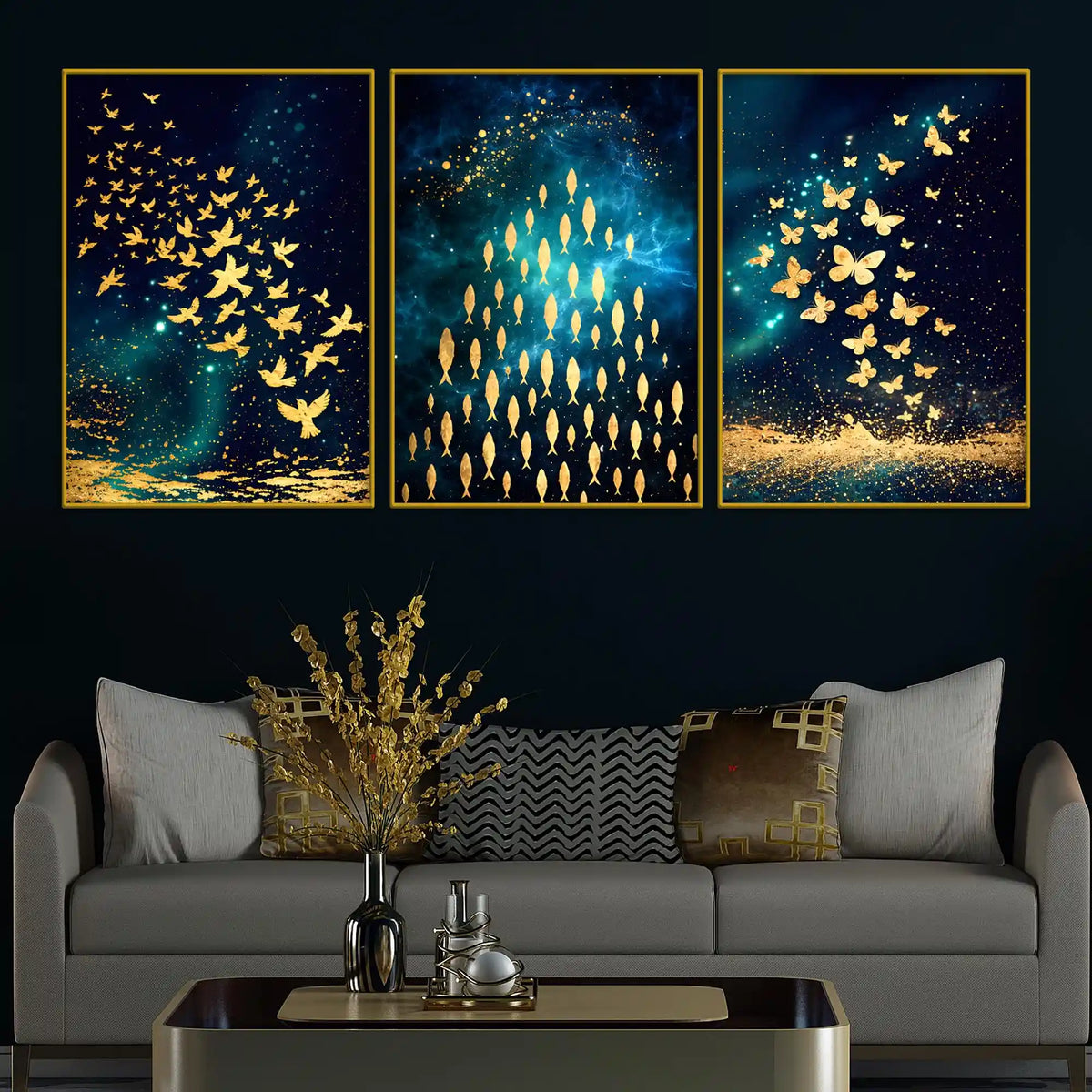 Premium Golden Birds Butterflies and Fish Trio Floating Frame Crystal Wall Painting Set of 3