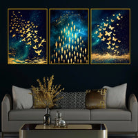 Premium Golden Birds Butterflies and Fish Trio Floating Frame Crystal Wall Painting Set of 3