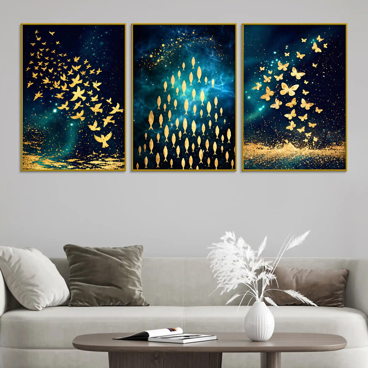 Premium Golden Birds Butterflies and Fish Trio Floating Frame Crystal Wall Painting Set of 3