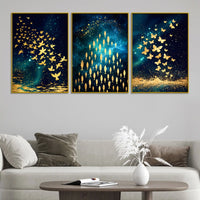 Premium Golden Birds Butterflies and Fish Trio Floating Frame Crystal Wall Painting Set of 3