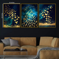 Premium Golden Birds Butterflies and Fish Trio Floating Frame Crystal Wall Painting Set of 3