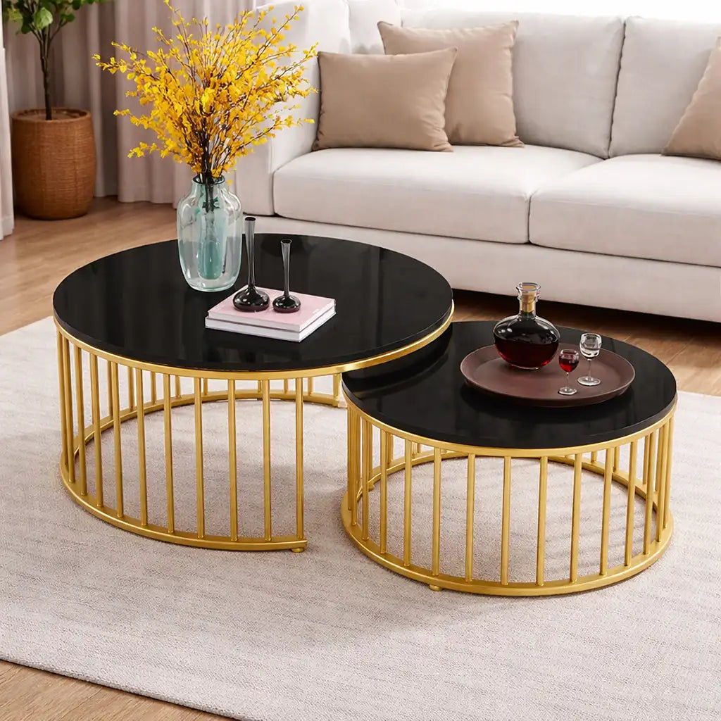 Premium Golden Caged with Black Marble Table Set of 2