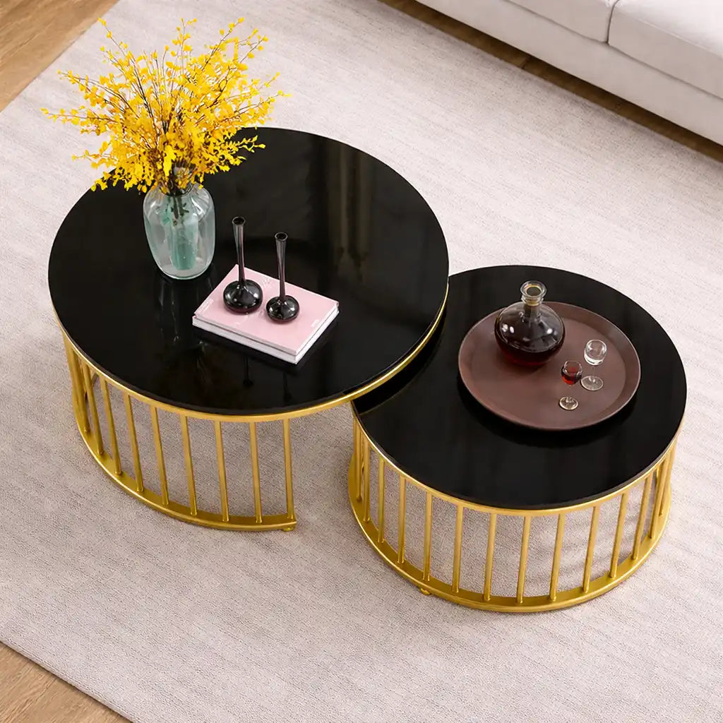Premium Golden Caged with Black Marble Table Set of 2