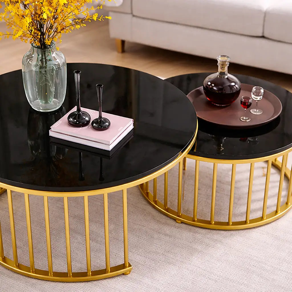 Premium Golden Caged with Black Marble Table Set of 2