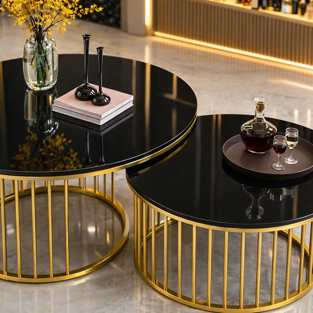 Premium Golden Caged with Black Marble Table Set of 2