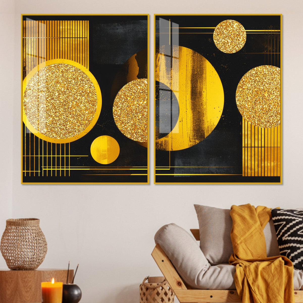 Premium Golden Crystal Circular Shaped Acrylic Art Floating Wall Painting Set of 2