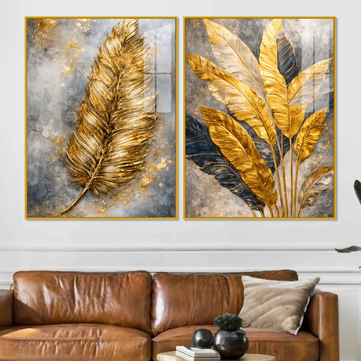 Premium Golden Feather & Tropical Leaves Acrylic Floating Wall Painting Set of 2