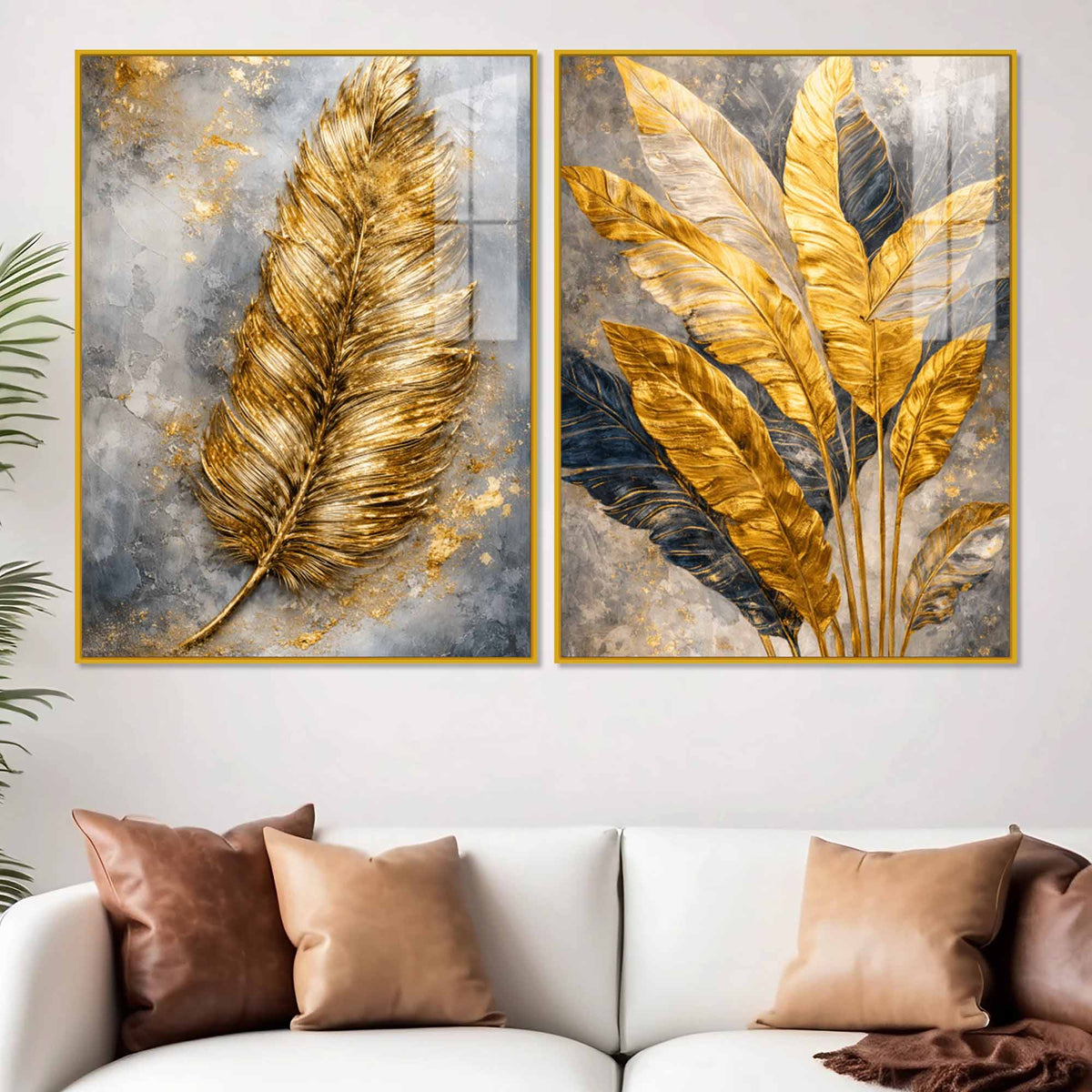 Premium Golden Feather & Tropical Leaves Acrylic Floating Wall Painting Set of 2