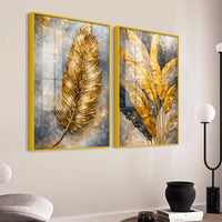Premium Golden Feather & Tropical Leaves Acrylic Floating Wall Painting Set of 2