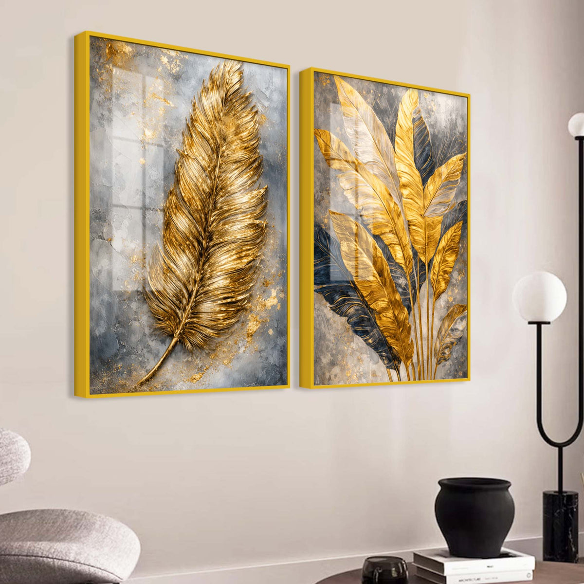 Premium Golden Feather & Tropical Leaves Acrylic Floating Wall Painting Set of 2