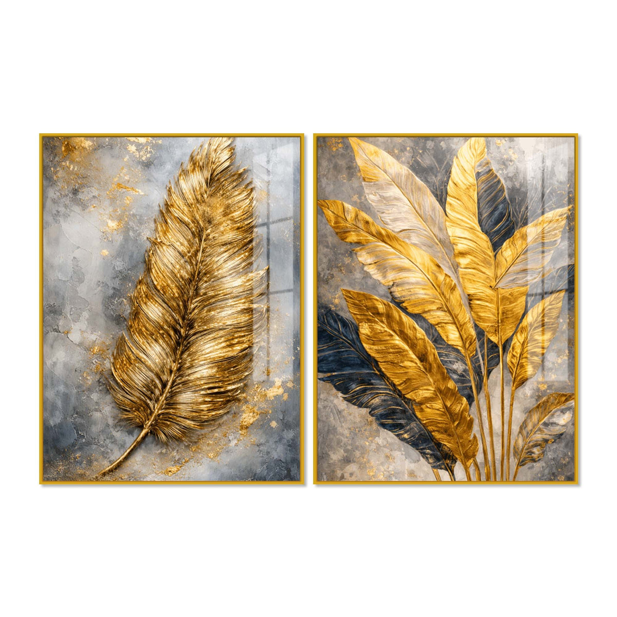 Premium Golden Feather & Tropical Leaves Acrylic Floating Wall Painting Set of 2