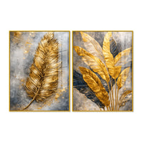 Premium Golden Feather & Tropical Leaves Acrylic Floating Wall Painting Set of 2