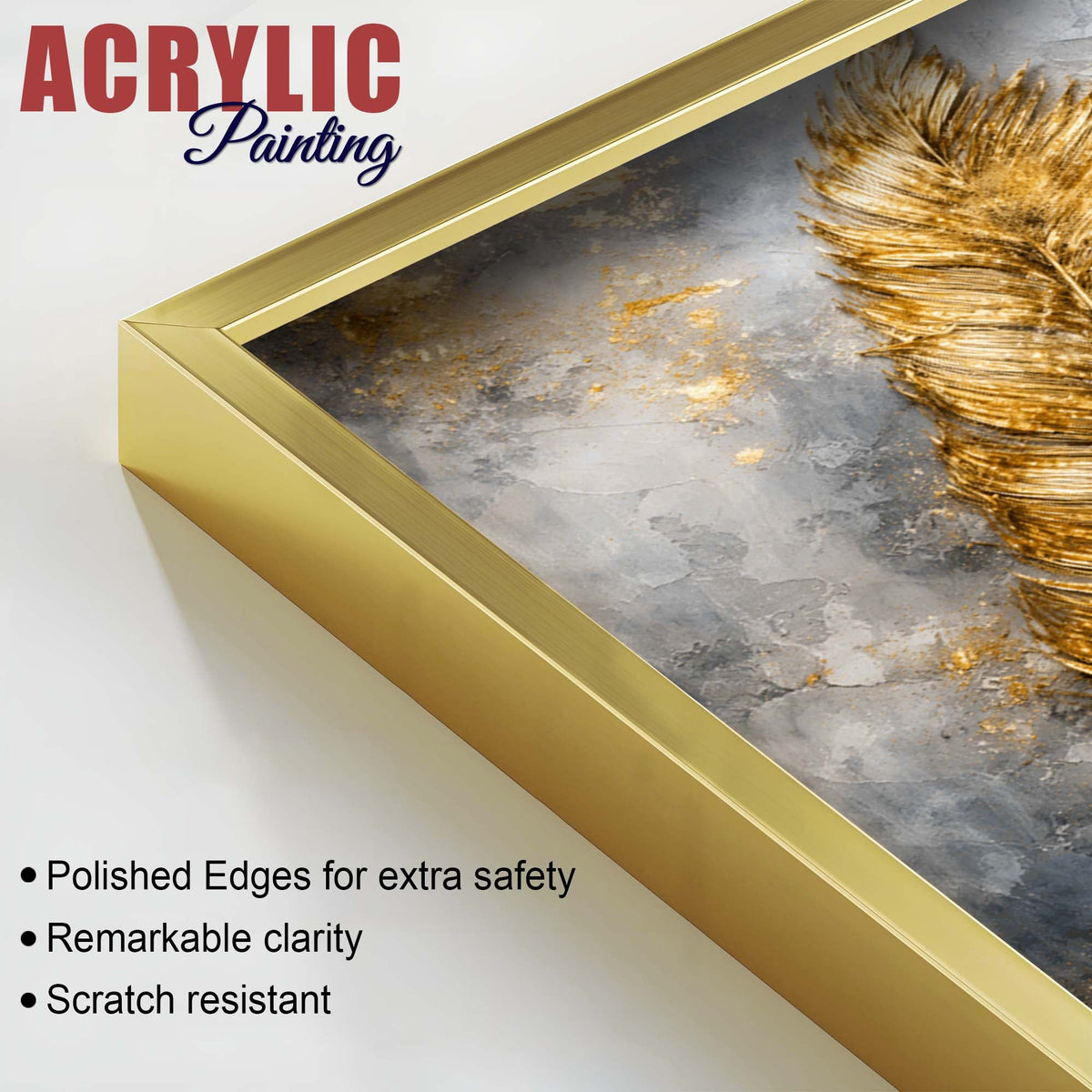 Premium Golden Feather & Tropical Leaves Acrylic Floating Wall Painting Set of 2