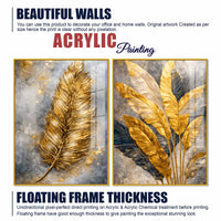 Premium Golden Feather & Tropical Leaves Acrylic Floating Wall Painting Set of 2