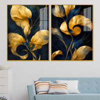 Premium Golden Petal Midnight Blue Acrylic Floating Wall Painting Set of 2