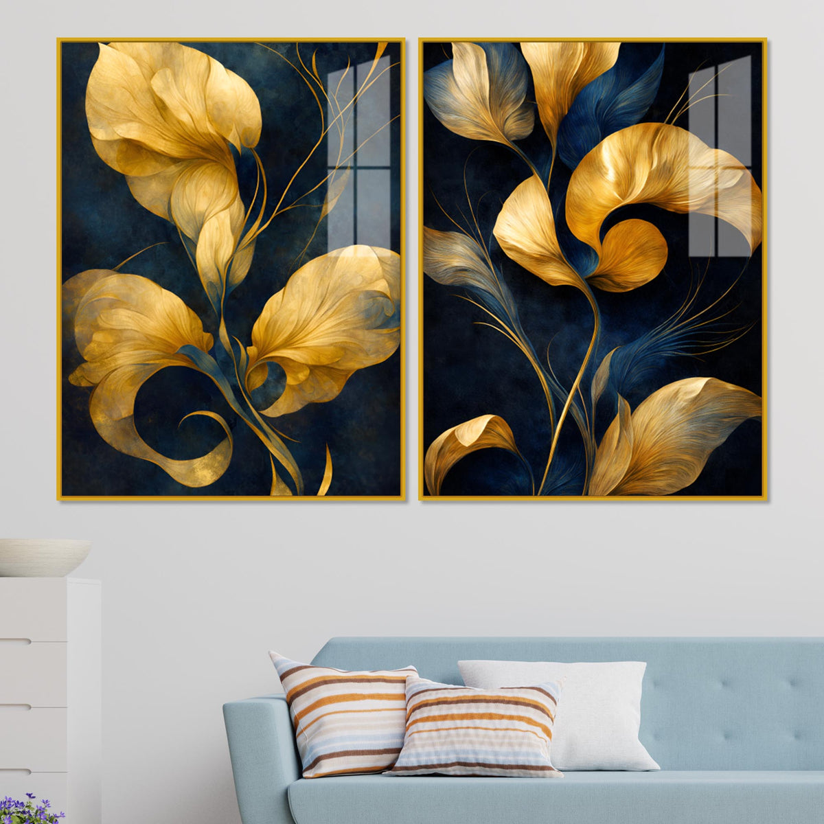 Premium Golden Petal Midnight Blue Acrylic Floating Wall Painting Set of 2