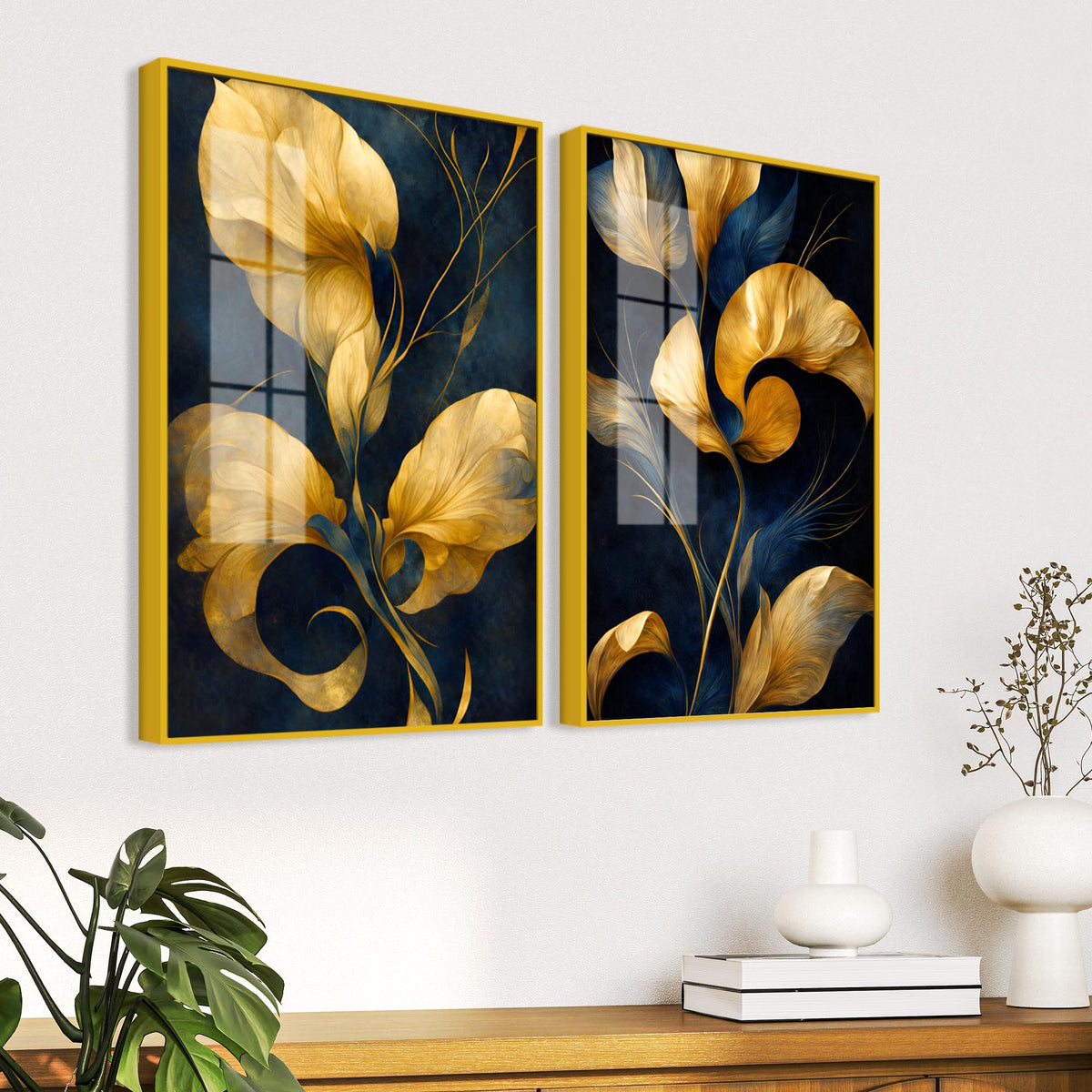 Premium Golden Petal Midnight Blue Acrylic Floating Wall Painting Set of 2