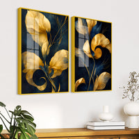 Premium Golden Petal Midnight Blue Acrylic Floating Wall Painting Set of 2