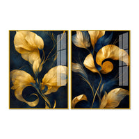 Premium Golden Petal Midnight Blue Acrylic Floating Wall Painting Set of 2