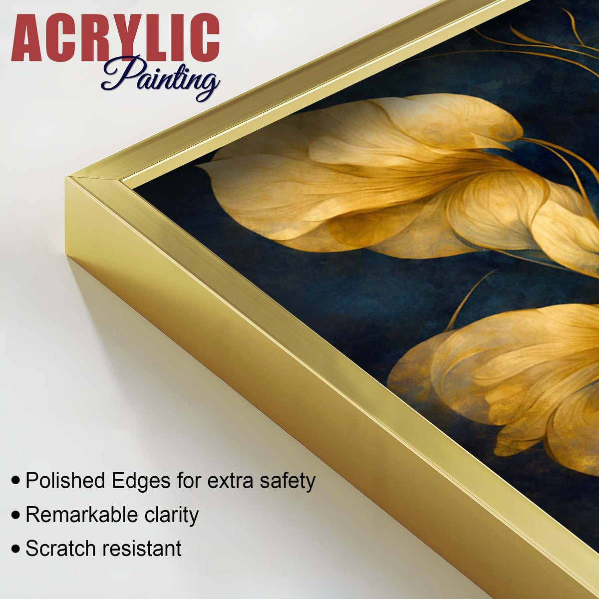 Premium Golden Petal Midnight Blue Acrylic Floating Wall Painting Set of 2