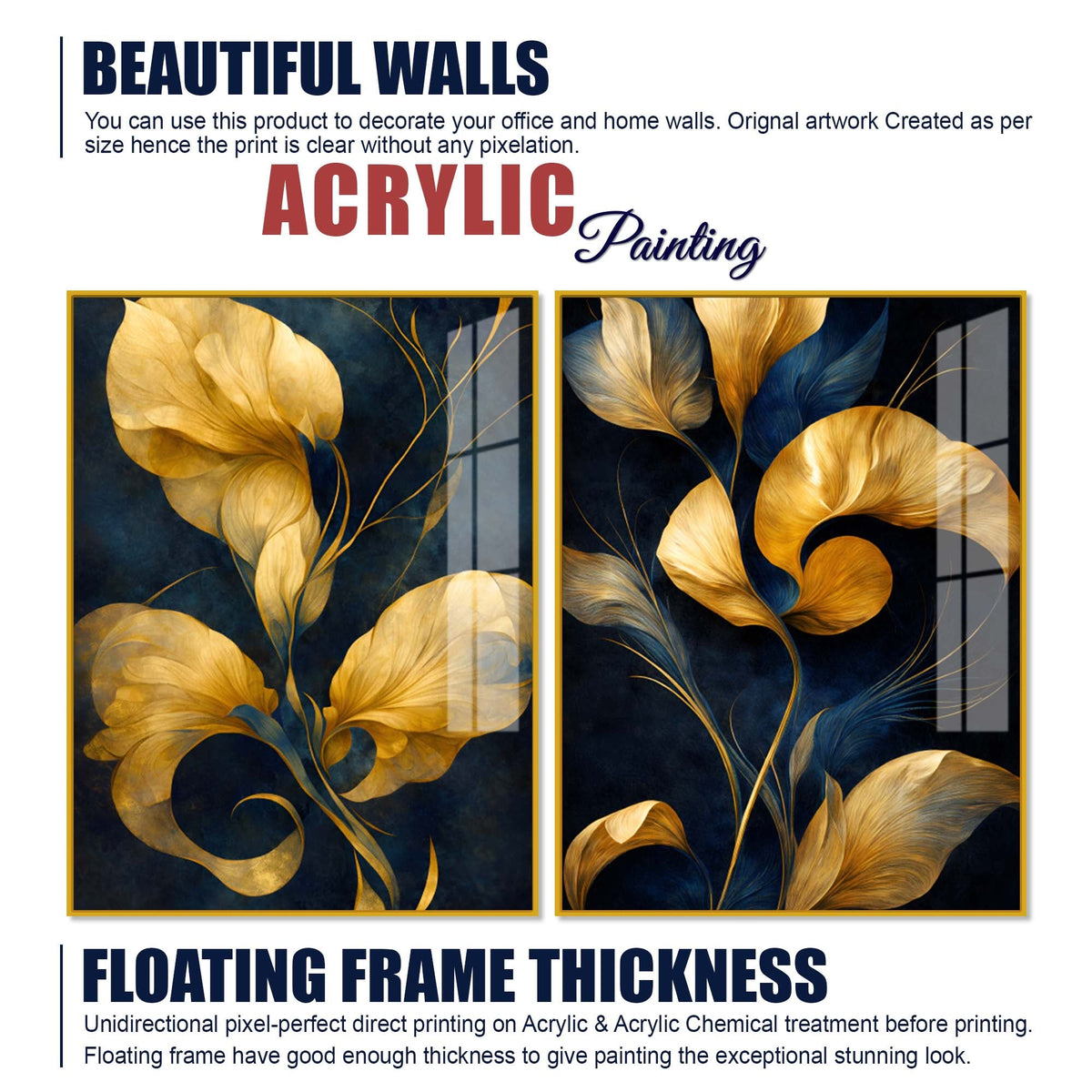 Premium Golden Petal Midnight Blue Acrylic Floating Wall Painting Set of 2